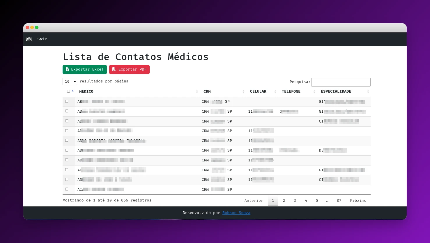 Lista de Contatos Médicos - Tabela com CRM, telefone, especialidade e botões de exportação