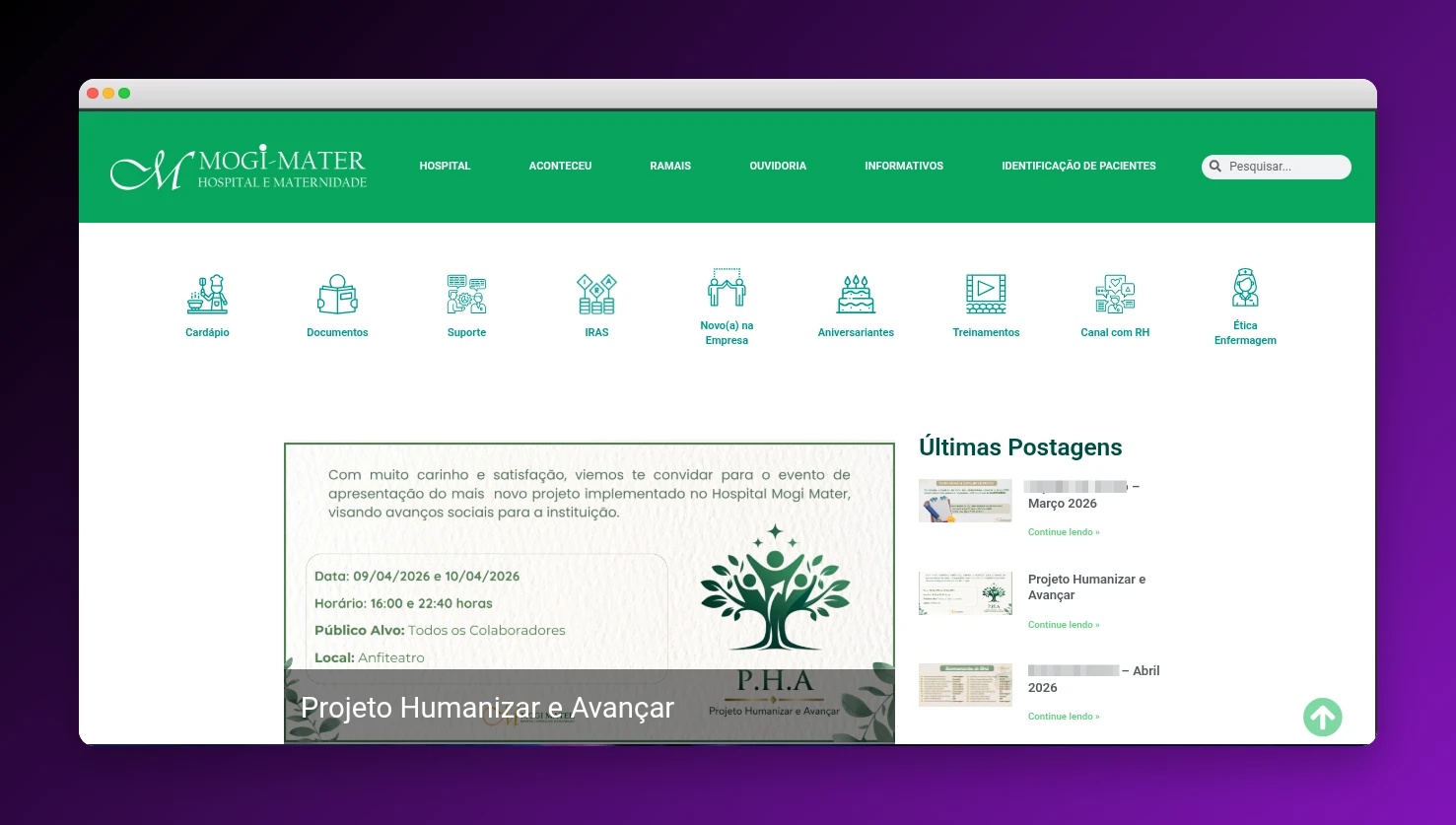 Intranet Mogi Mater - Portal interno com ícones de cardápio, documentos, suporte, RH e postagens