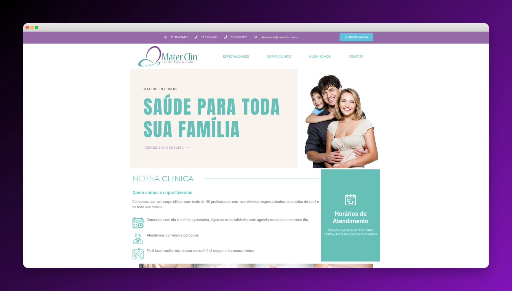 Materclin - Site institucional de clínica médica com especialidades e agendamento online