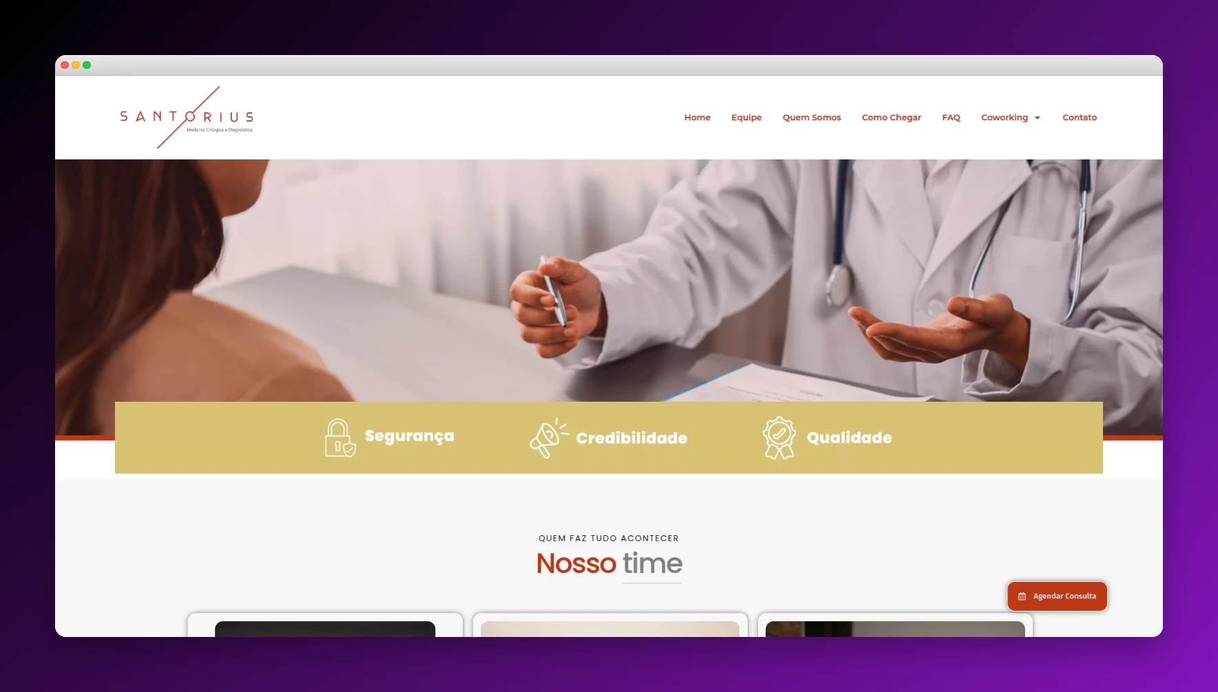 Santorius Medicina - Clínica com agendamento online, perfis de médicos e FAQ