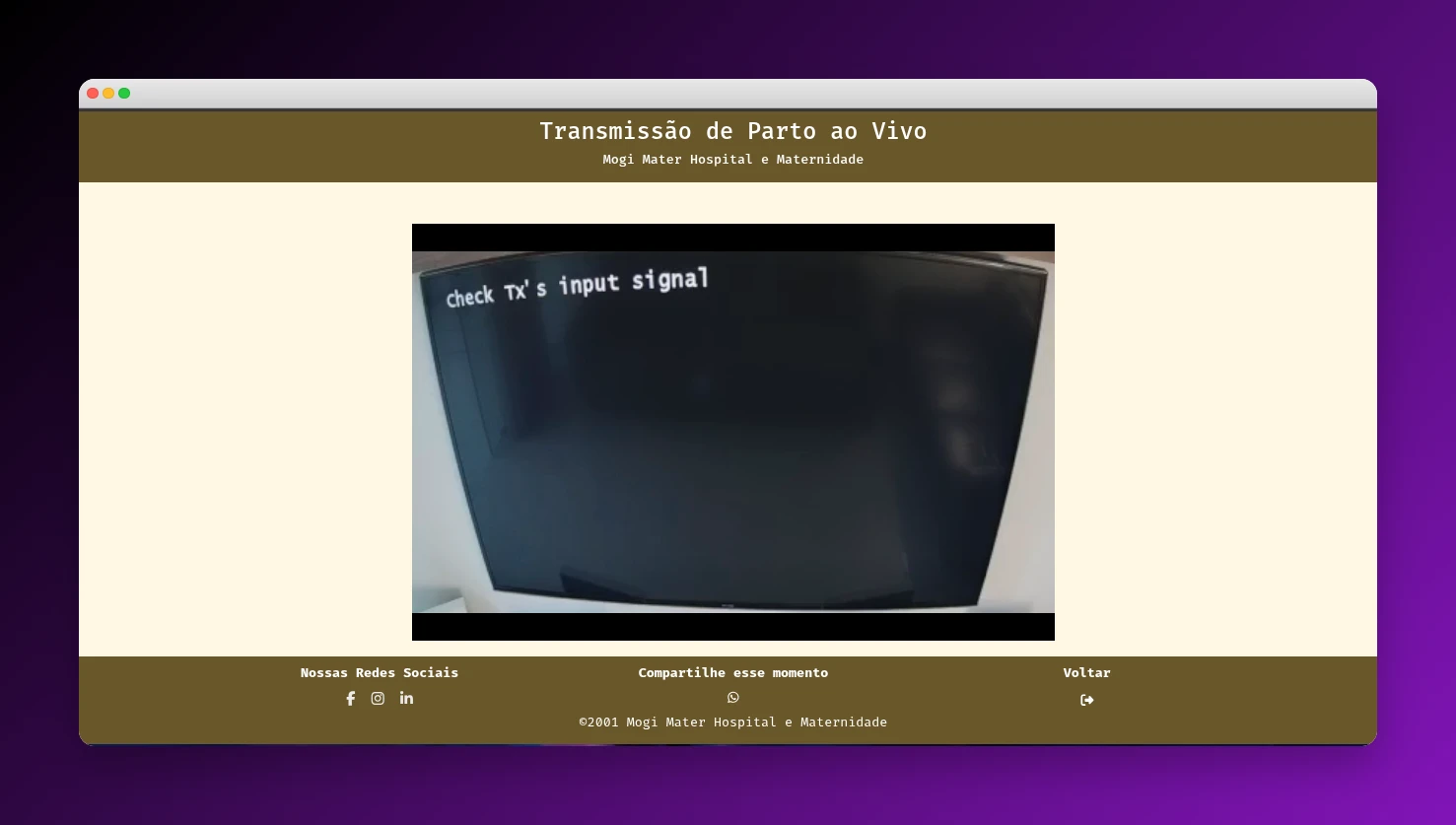 Transmissão de Parto ao Vivo - Página de acesso com token exclusivo e suporte técnico