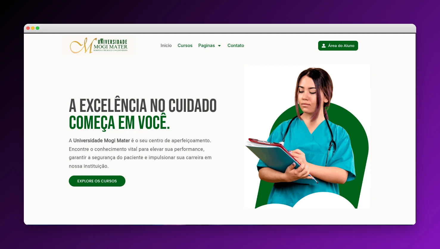 Universidade Mogi Mater - Plataforma de ensino com banner, catálogo de cursos e área do aluno